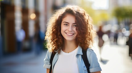A beautiful young student is smiling in this portrait.
