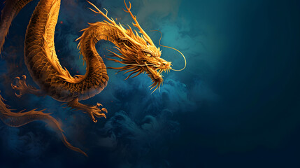 Golden chinese dragon statue with background of traditional lanterns. © May Thawtar
