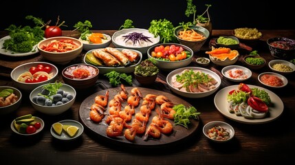 A collection of food items that can be used for oriental cooking, including vegetables, meat, seafood, and fruits.