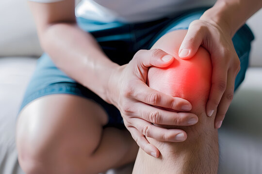 Knee joint pain in Caucasian man. Concept of osteoarthritis, rheumatoid arthritis or ligament injury