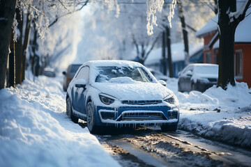 Frozen car fragment. Ice and snow on car parked on winter street