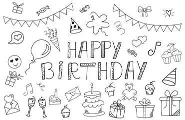 Happy Birthday cute doodle set. Hand drawn vector illustration with handwritten lettering happy birthday. Lines icons. Cakes, gift boxes, balloons, confetti and party decoration. 
