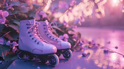 Lavender roller skates, featuring elegant swirls, gliding with precision in a dreamy scene.