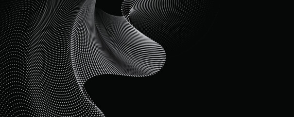 A dynamic, horizontal illustration of particle waves in a halftone gradient, forming a flowing dot curve on a white backdrop, embodying technology, sound, music, Black background