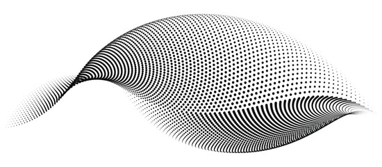 A dynamic, horizontal illustration of particle waves in a halftone gradient, forming a flowing dot curve on a white backdrop, embodying technology, sound, music, and modern aesthetics.