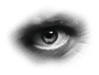 Observant gaze. Black and white vector illustration portraying a human eye with a halftone dotted screen for a unique visual effect.