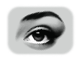 Dotted vector illustration of a human eye with halftone dots. collage sticker featuring a 90s-style.