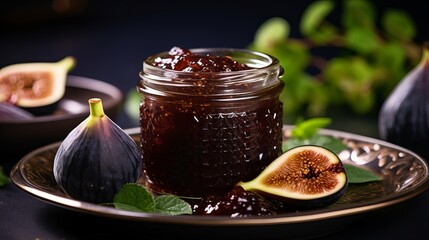 A picture showing homemade fig jam on a glass saucer and a vase filled with tea on the table.