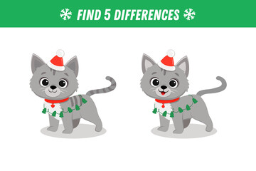 Find 5 differences between two pictures of cute grey cat. Cartoon kitten. Activity page. Christmas game. Xmas.