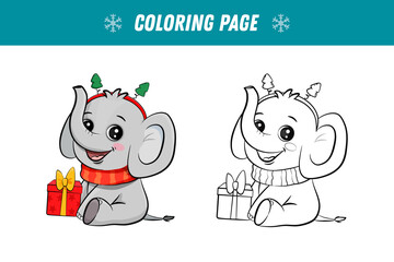 Christmas coloring book with elephant in santa hat. Cute elephant cub in doodle style on a white background. 