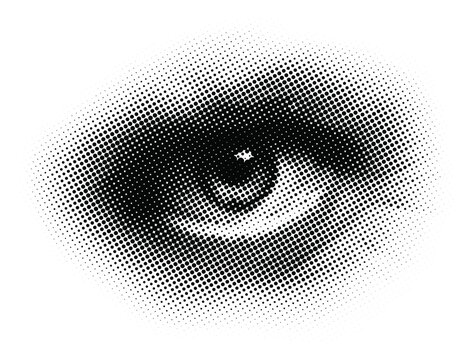 Observant gaze. Black and white vector illustration portraying a human eye with a halftone dotted screen for a unique visual effect.