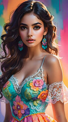 Watercolor illustration of young Mexican woman in colorful lace dress and rose decorative elements.