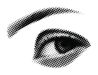 Gaze directed towards the corner of the eye. Dotted vector illustration of a human eye with halftone dotted screen.