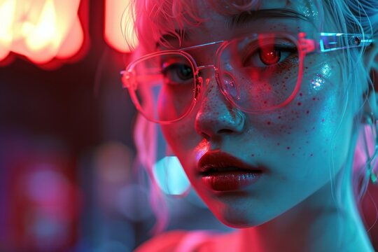 Intricate red neon. Photorealistic detailed portrait of a beautiful gorgeous cute ulzzang woman, with freckles and 3d printed fasion glasses. shallow depth of field