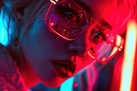 Intricate red neon. Photorealistic detailed portrait of a beautiful gorgeous cute ulzzang woman, with freckles and 3d printed fasion glasses. shallow depth of field