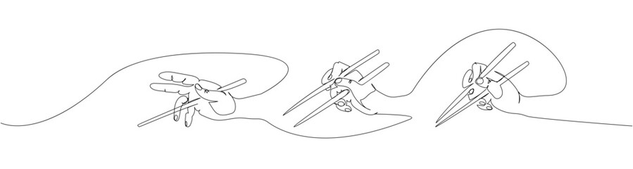 How to hold chopsticks correctly set, Japanese chopsticks, Food sticks in hand, one line art. Continuous line drawing of sushi, japanese, food, culture, tasty, restaurant, japan, asian, sea, menu