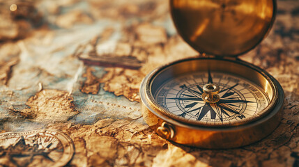 A compass indicating the spirit of travel, adventurism, on an old map