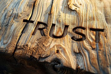 Carved into a wooden canvas, the word 'trust' brings a sense of authenticity and reliability to the rustic surface