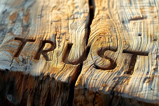 Carved into a wooden canvas, the word 'trust' brings a sense of authenticity and reliability to the rustic surface