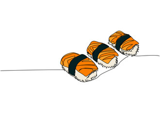 Sushi set, salmon nigiri, Aburi nigiri one line art. Continuous line drawing of sushi, japanese, food, roll, culture, tasty, restaurant, japan, asian, sea, menu