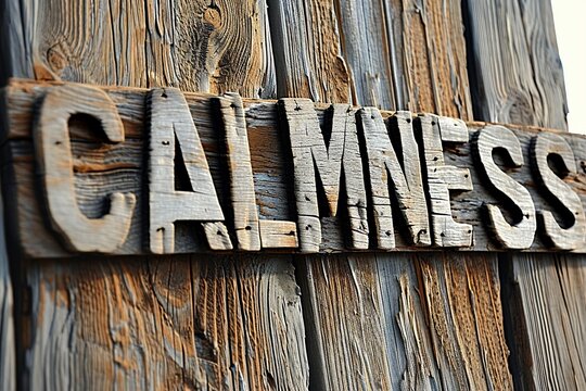 Etched into a wooden surface, the word 'calmness' imparts a sense of serenity and tranquility, creating a peaceful atmosphere