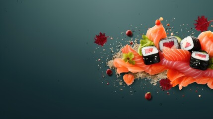 Sushi with flying ingredients. Japanese advertisement food. Menu banner