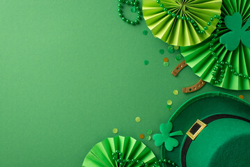 Captivating Saint Patrick's Day top view composition: leprechaun's hat, lucky horseshoe, festive...