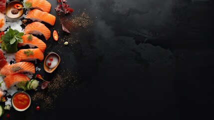 Sushi with flying ingredients. Japanese advertisement food. Menu banner