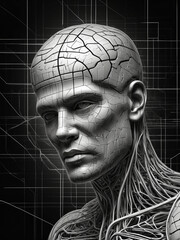 Obraz premium Imagen surrealista, fantasía en blanco y negro. Cerebro, conexiones neuronales, pensamientos, ser humano, sentimientos , emociones.