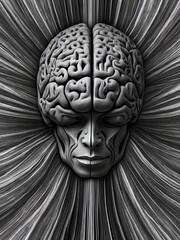 Imagen surrealista, fantasía en blanco y negro. Cerebro, conexiones neuronales, pensamientos, ser humano, sentimientos , emociones. - obrazy, fototapety, plakaty