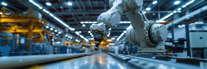 automated industrial robot arm in manufacturing factory warehouse - obrazy, fototapety, plakaty