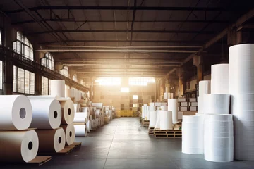 Fotobehang Huge rolls of paper are stored in the factory warehouse. Industrial paper production. Finished products of a paper processing plant. © Anoo