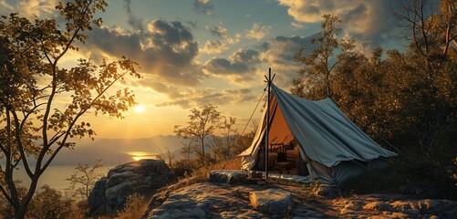 Tent perched on a cliff's edge, bathed in a setting sun's warmth--an active family's thrilling camping spot with a view.