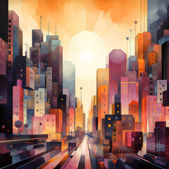 Abstract cityscape with floating geometric shapes.