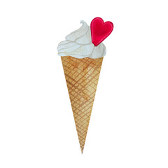watercolor illustration of desserts for Valentine's Day, hand drawn, cake with cream and heart. picture of a holiday treat. Cupcakes with cream, vanilla ice cream.