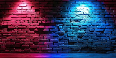 Urban glow. Abstract night scene with dark brick walls and neon lights. Futuristic ambiance. Dark room with glowing light on concrete wall. Electric nights. Empty space with bright and grunge