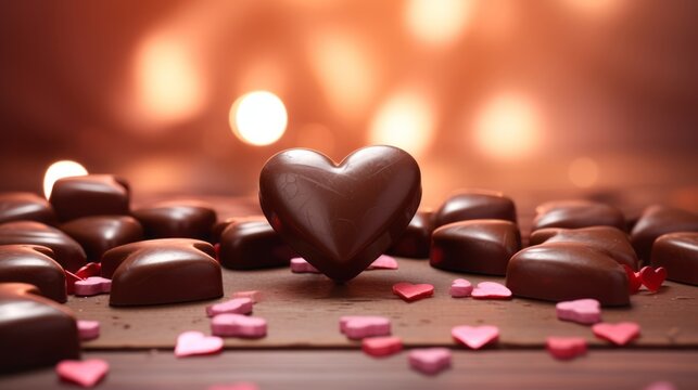 Valentine's Day, Valentine Sweet food confectioner photography background - Heart chocolate pralines on dark brown wooden table