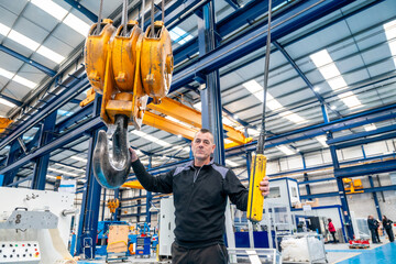 Fototapeta premium Worker on duty using an industrial crane in a factory