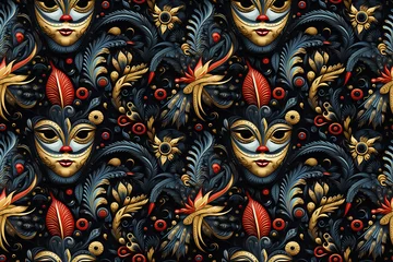 Poster festive seamless pattern with colorful carnival masks for the holiday on black multicolored background © alexkoral