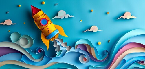 Midday quilling paper rocket, vibrant cyan and azure with dynamic clouds.
