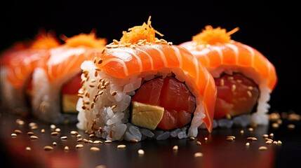 Close-up photography of a sushi. Japanese  food banner. Sushi advertisement
