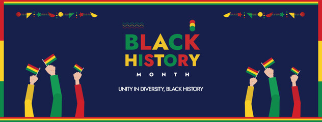 Black History Month, Black lives matter, poster, cover with hands holding flags and protesting for the rights. Black people rights banner with yellow, red and green colours. Unity and safety for black