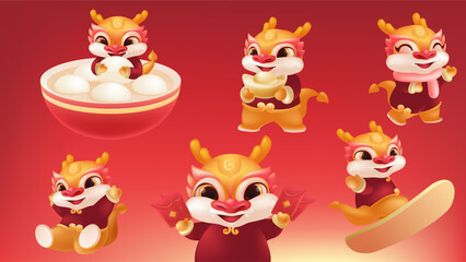 Obraz premium Spring Festival vector hand painted cute cartoon dragon collection