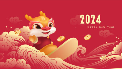 Spring Festival background design cute dragon surfing