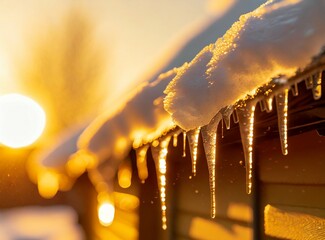 icicles on a roof of the house - obrazy, fototapety, plakaty