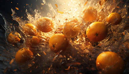 Recreation of wet oranges jumping in water	 - obrazy, fototapety, plakaty