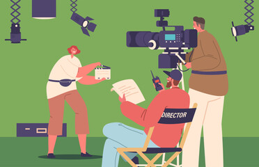 Filmmakers Meticulously Orchestrate Scenes, Utilizing Lighting, Sound, And Camera Angles In A Studio Vector Illustration