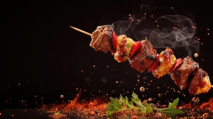 Kebab with flying ingredients and spices hot ready to serve and eat. Food commercial advertisement. Menu banner with copy space area. Grill food - obrazy, fototapety, plakaty