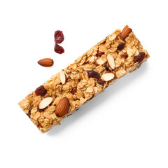 From above of appetizing sweet energy bars with nuts and seeds covered with chocolate
