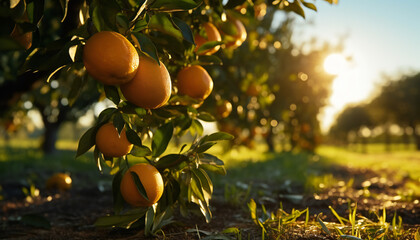 Recreation of oranges hanging in tree at sunset	 - obrazy, fototapety, plakaty
